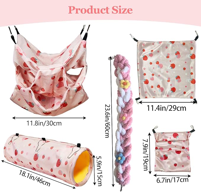 Hamiledyi Rat Hammock Sugar Glider Climbing Ropes Toys Rat Hanging Tunnel Hammock Swing Squirrel Hideout Bed Cage Accessories for Ferret Mouse Hamster Small Animals (Pink)