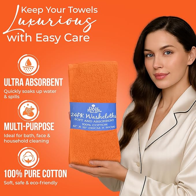 DAN RIVER 100% Cotton Wash Cloths 24 Pack [12x12] Soft & Absorbent washcloths for face, Gym, Hotels & Spa Perfect for Everyday Use Fingertip Towels, Orange