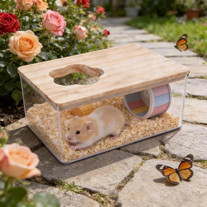 Saim Hamster Sand Bath Box–Transparent Syrian Hamster Shower Bathtub with Comb for Small Pets, Acrylic Micro Sand Bath Box with Lid, Ideal Hamster Dig Box - Rectangle