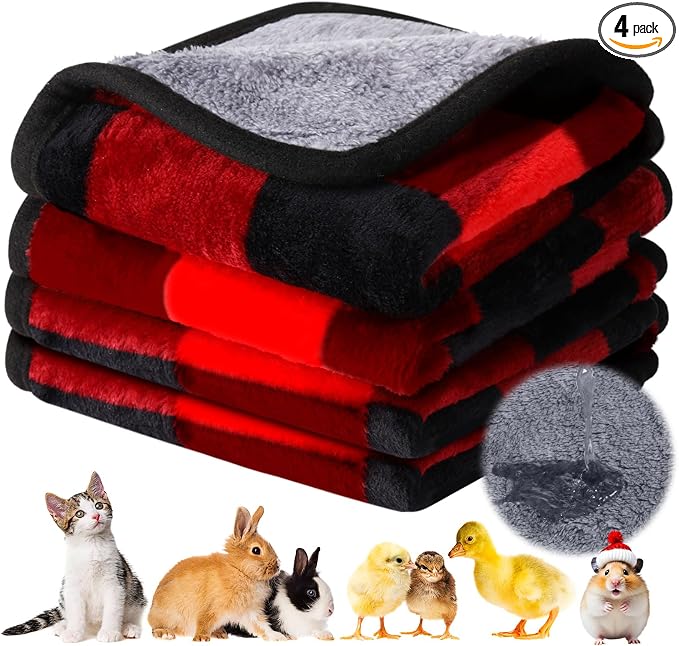 Reginary 4 Pcs Guinea Pig Fleece Blankets, Plaid, 12 x 12 Inch | Waterproof Washable Cage Liners, Absorbent Double Layer Bedding for Guinea Pigs, Reusable Pads for Hamsters Rabbits