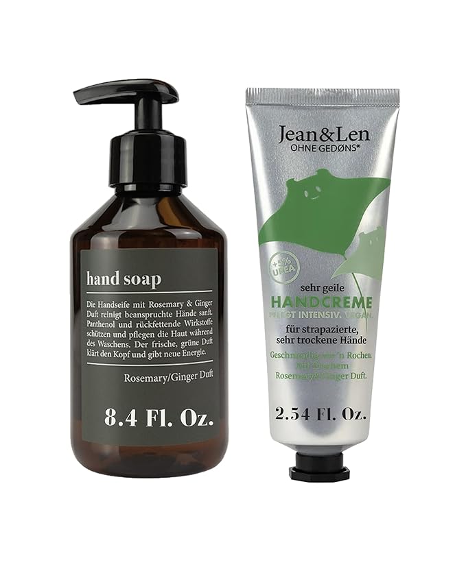 Jean & Len Hand Soap Rosemary & Ginger, with Hand Cream, liquid soap in dispenser gently cleanses hands, hand cream nourishes intensively, paraben free, Soap 8.4 Fl. Oz. + Hand Cream 2.54 Fl. Oz.