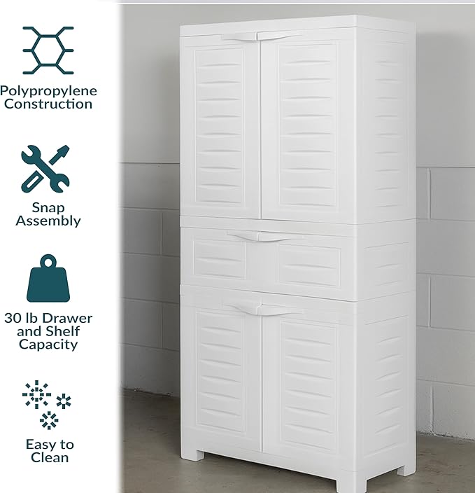 Sunnydaze 57" H Resin Garage Storage Cabinet - Garage Cabinet with 2 Adjustable Shelves - Freestanding Utility Storage for Laundry Room, Office, Basement - Speckled White