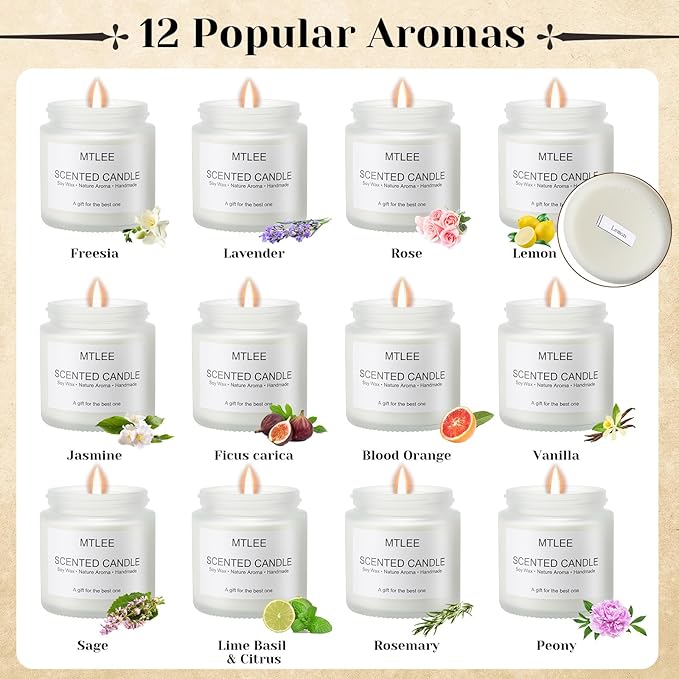 MTLEE 12 Pack Candles for Home Scented Aromatherapy Jar Candle Gifts for Women, Natural Soy Wax Amber Jar Candle Set Bulk for Home, Birthday, Christmas, Fall, Thanksgiving, Housewarming Gifts(White)