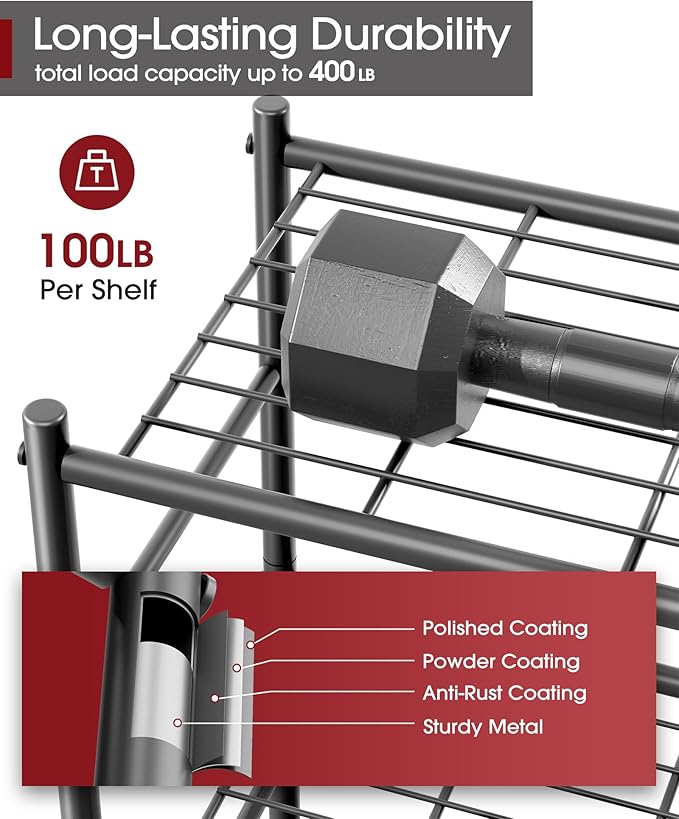 Storage Shelves - 4 Tier Shelf Organizer, Sturdy Metal Garage Shelving with Adjustable Leveling Feet, Space-Saving Shelves Organizer for Pantry, Laundry, Kitchen (18" x 12" x 44", Black)