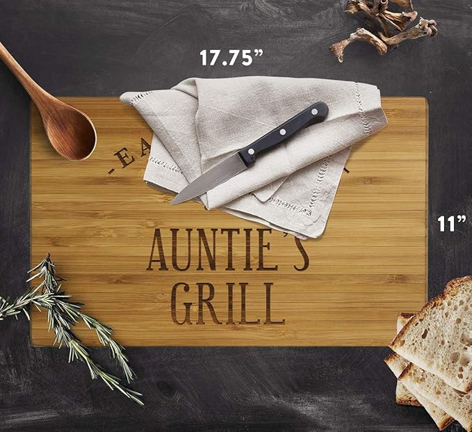 Andaz Press Large Bamboo Wood BBQ Cutting Board Gift, 17.75 x 11-inch, Auntie's Grill, 1-Pack, Laser Engraved Serving Chopping Board Christmas Birthday Chef Kitchen Ideas