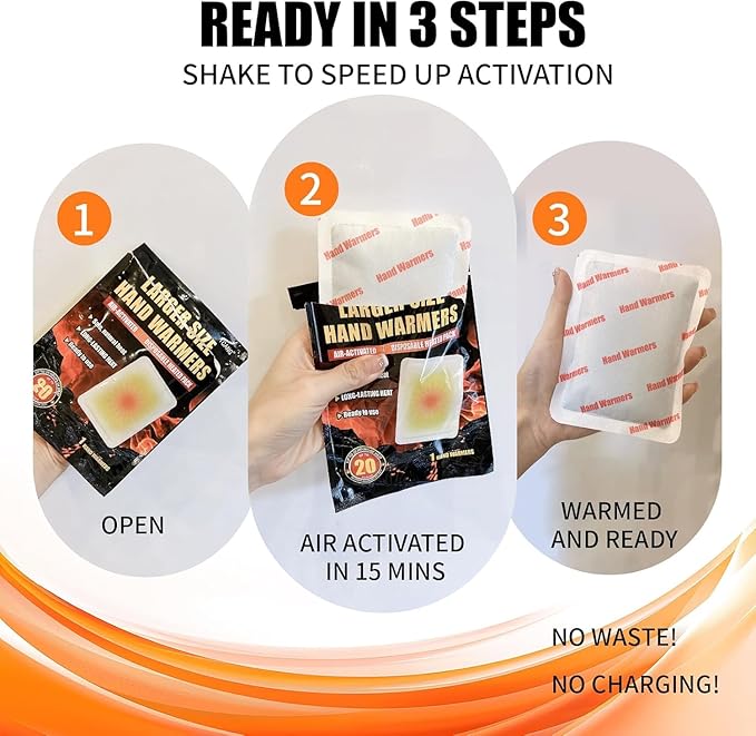 Large Hand Warmers Disposable - Up to 20 Hours of Heat - 50/100 Pack Super Long Lasting Air Activated Warmers, All Natural & Portable for Body, Hands & Toes - Odorless Hot Warmer Heater