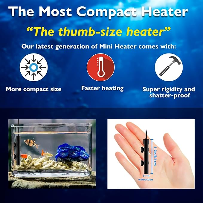 15W Mini Aquarium Heater Betta Heater for 1-3 Gallon Freshwater & Saltwater Tanks, Alumina Ceramic Fish Tank Heater Turtle Heater with Dry-Run & Overheat Protection