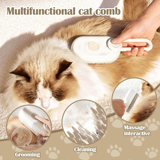 Rabbit Ferret Steam Brush 5 In1 Grooming Kit for Cats Dogs Silicone Massage Tool Stainless Steel Nail Scissors Hair Detangling Comb - Water Spray Rechargeable Shedding Wash-Free Essence (White)