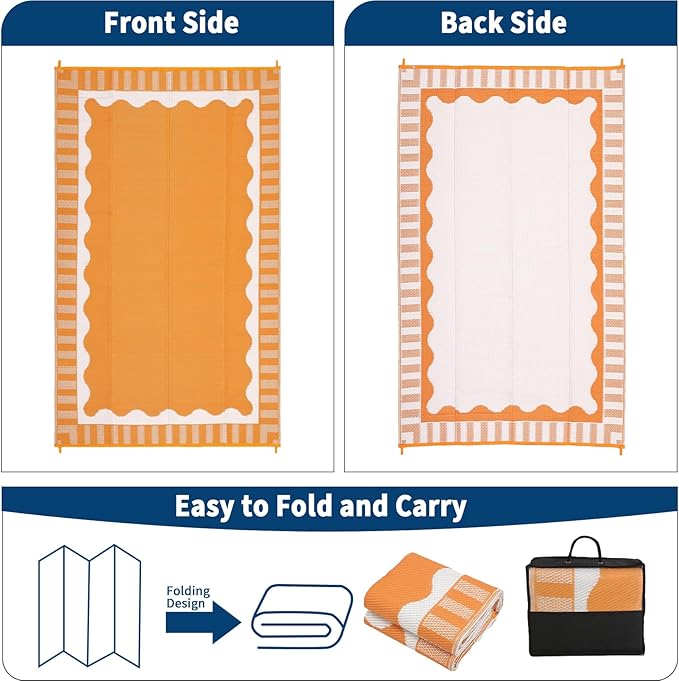Outdoor Rug 8x10 Waterproof Patio Rugs Scalloped Border Reversible Mat for Front Door Rv Foldable Plastic Straw Carpet for Travel Trailers, Deck, Picnic, Porch, Camper, Balcony, Beach，Orange