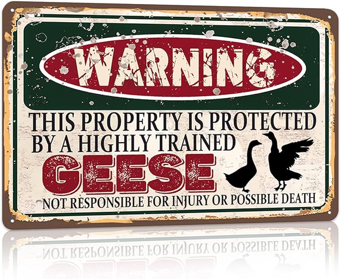 Vintage Geese Metal Sign Wall decor | Warning this property is protected by a highly trained Geese Sign Funny Tin Signs 12x8 Inch