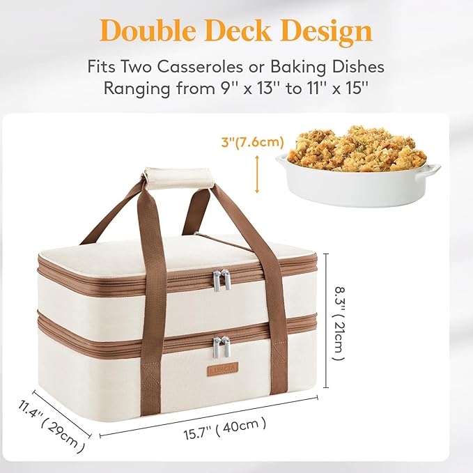 LUNCIA Insulated Double Decker Casserole Carrier, Lasagna Lugger Tote Keeps Food Hot or Cold, Thermal Lunch Bag for Potluck Parties, Picnic and Cookouts, Fits 9" x 13" Baking Dish, Cream