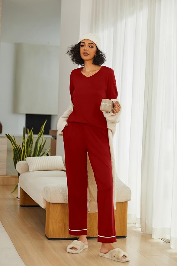 Ekouaer Womens 2 Pack Pajama Set Long Sleeve Pajamas Top and Pants V Neck Pjs Set Soft Loungewear with Pockets