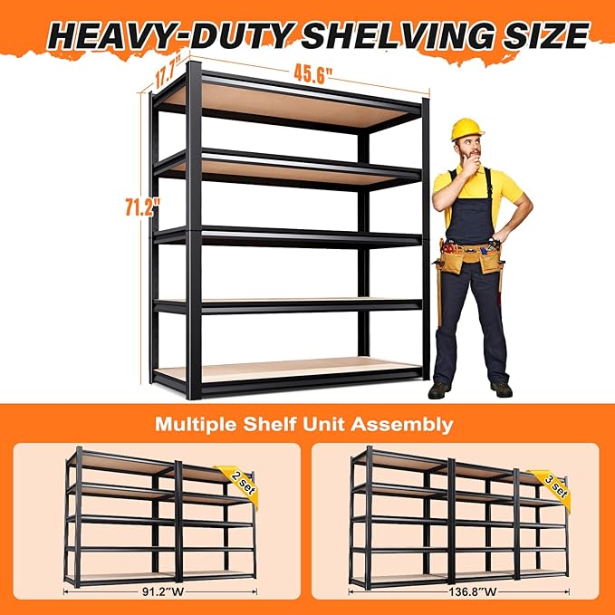 2-Piece Set 46''W Storage Shelves,3000LBS Garage Shelving,Adjustable Garage Shelves,Heavy Duty Metal Shelving, 5 Tier Wood Utility Steel Shelf, Easy-to-Install Shelving Units 2 Pack