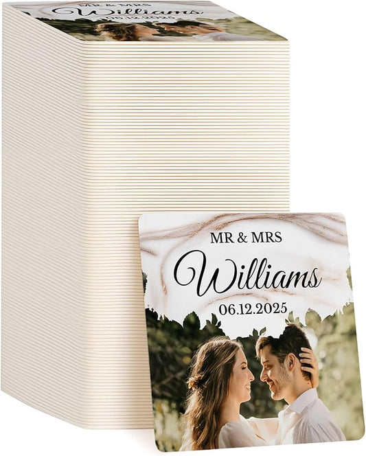 100 Pack Personalized Wedding Coasters, Custom Cardboard Coasters for Drinks with Photo Print and Text, Keepsake Wedding Favors and Gifts for Couples, 4x4 Square, Design 6