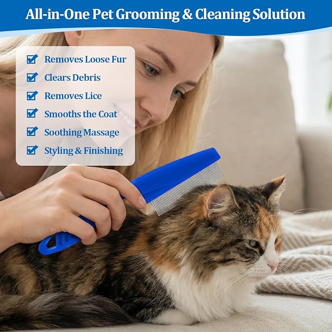 6 Pack Pet Grooming Combs, Stainless Steel Dog and Cat Grooming Combs with Rounded Teeth, Double-Sided Professional Pet Tear Stain Remover for Small, Medium, and Large Pets (Blue)