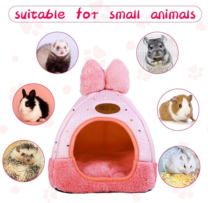 Bunny Bed Hideouts House Ferrets Rats Hedgehogs Chinchilla Cage Accessory for Rabbit Guinea Pig Hamster Cozy and Warm Rabbit Bed with Cute Bowknot Rabbits Hamster Bunny (Pink)
