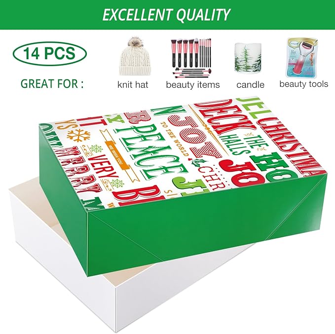 14 Decorative Christmas Gift Boxes with Lids and 80-Count Foil Christmas Gift Tag Stickers (Assorted size, 6 Rectangle, 4 Square, 4 Small Square)
