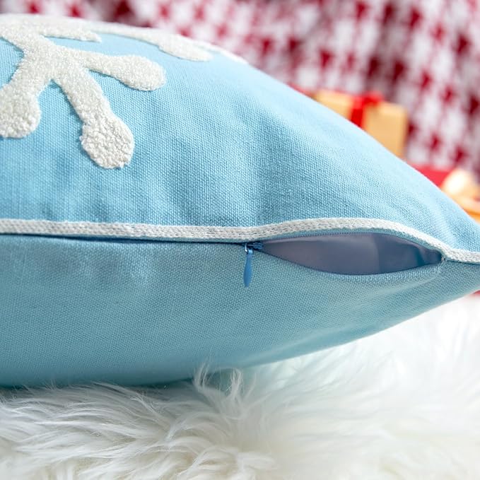Elife Soft Square Christmas Snowflake Home Decorative Canvas Cotton Embroidery Throw Pillow Covers 18x18 Cushion Covers Pillowcases for Sofa Bed Chair (1 Pair, Sky Blue)