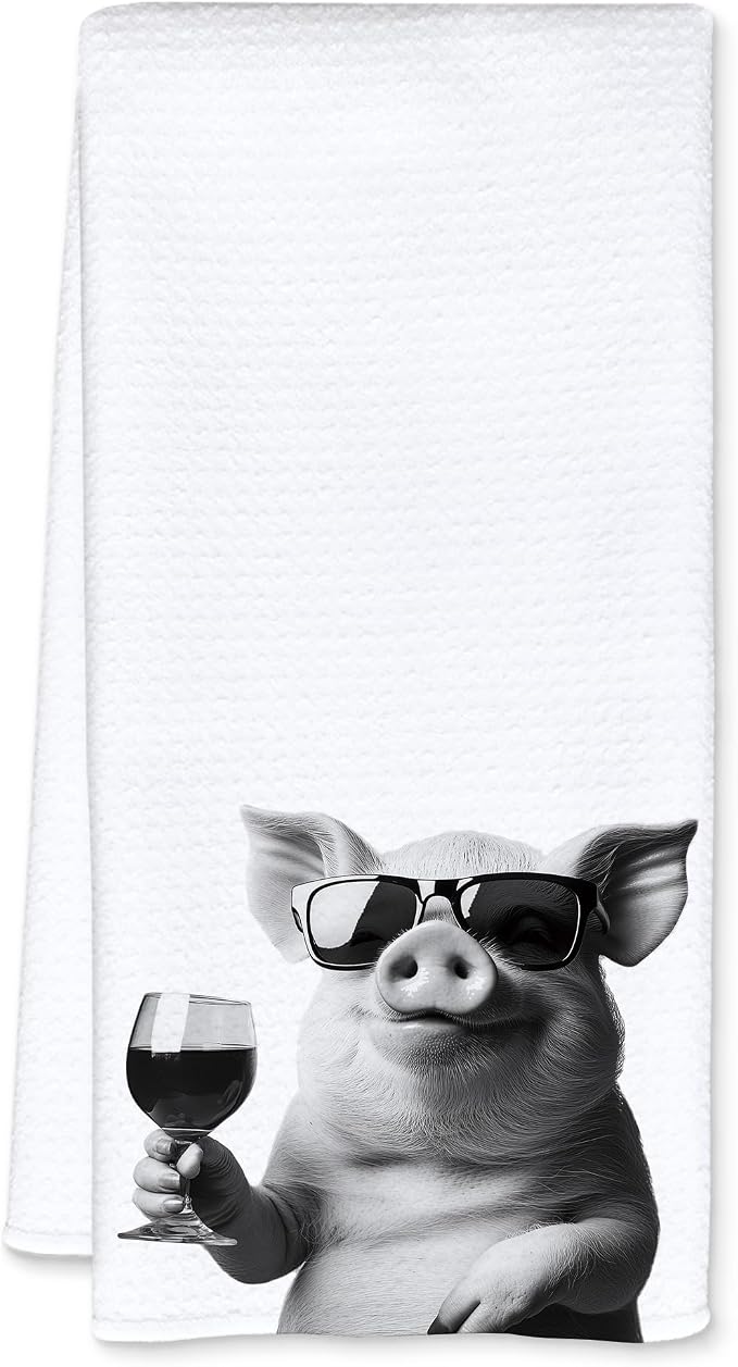 Pig Decor Kitchen Towels, Pig Gift Dish Tea Towel for Kitchen Decor, Bar Towels for Bartender, Wine Lover Gifts, 16x24 Inch