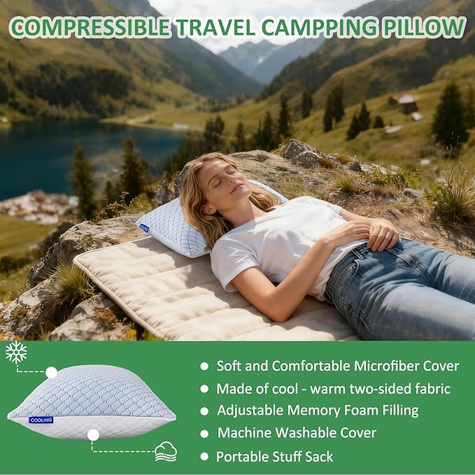 Gehannah Travel Pillow - Large 2 Pack Compressible Camping Pillow for Sleeping - Shredded Memory Foam with 2 Storage Bags - Supportive for Adults, Kids, Outdoor, Backpacking, Hiking Gear