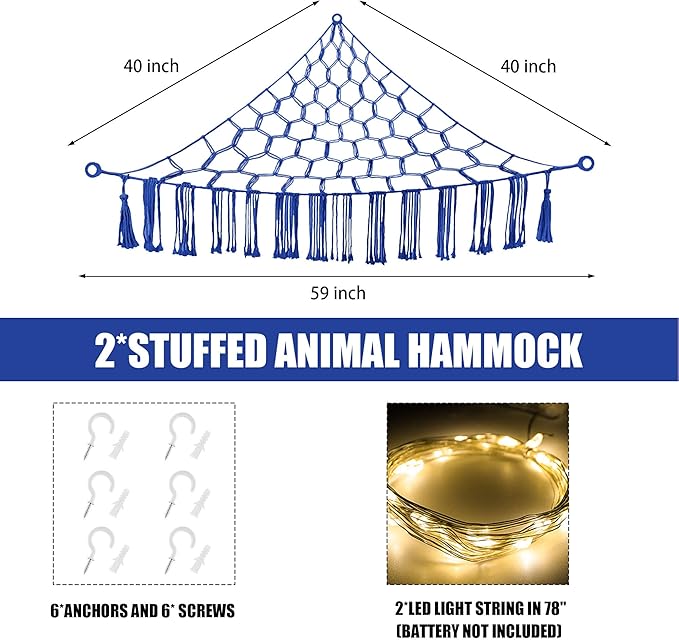CERETIA Stuffed Animal Hammock with LED Light, Large Stuffed Animals Storage Corner Plushie Net for Kids Room Decor, 2 Packs Royal Blue