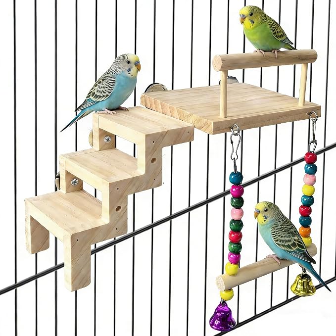Bird Perch Platform with Ladder & Swing,Parrot Wooden Play Gym Cage Toys | Bird Wood Playing Exercise Stands Perches,Parakeet Climbing Ladder Playground Cage Accessories for Cockatiel Budgie Lovebird