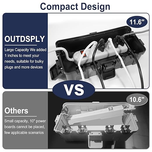 Medium Outdoor Electrical Box (11.6x5.2x4.1 inch), IP54 Waterproof Extension Cord Cover w/ 6 Cable Entry, Weatherproof Connection Box for Power Strip, Plug, Timer, Holiday Lights, Black