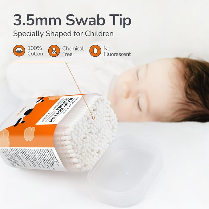 Baby Cotton Swabs 210 Count, Cotton Swabs For Personal Hygiene, Baby Safe Tips For Ear and Nose Clean With Biodegradable & Organic Cotton Buds, Double Tipped Safety Sticks, 100% Eco-Friendly