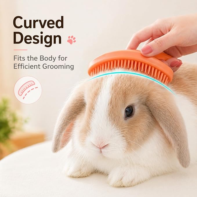 Large Silicone Grooming Brush for Rabbits, Cats & Small Dogs | Rabbit, Cat & Dog Fit | Soft Low-Stimulation Brush | Curved Pet Fit | Daily Bonding | Rinse-Clean Head