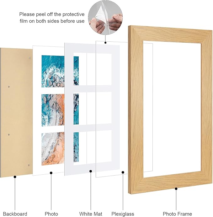 8x14 Picture Frame Display 3 opening 4X6 Picture Frame Collage,Multi Photo Frame with Mat,Plexiglass,Wall Hanging Decor,Natural Wood Grain