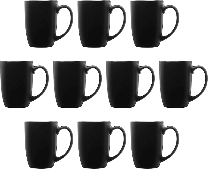DISCOUNT PROMOS 10 Large Mocha Glossy Ceramic Coffee Mugs Set, 16 oz. - Stoneware, Smooth, Durable, C-handle - Black
