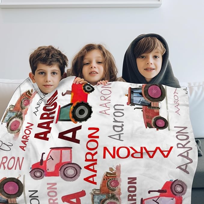 Personalized Tractors Blanket - Custom Name with Farm Tractor Trucks Design - Soft Plush Flannel Bed Blanket for Baby Kid Teen Boys Girls Customized Gifts White & Red
