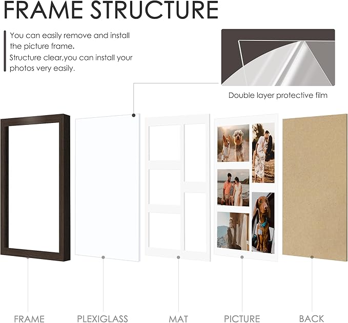 11x14 Collage Picture Frame, 4x6 Collage Picture Frame, Displays Five 4x6 inch Photos, or 11x14 (Without Mat) Wall Decor Wall Hanging or Tabletop, Walnut.
