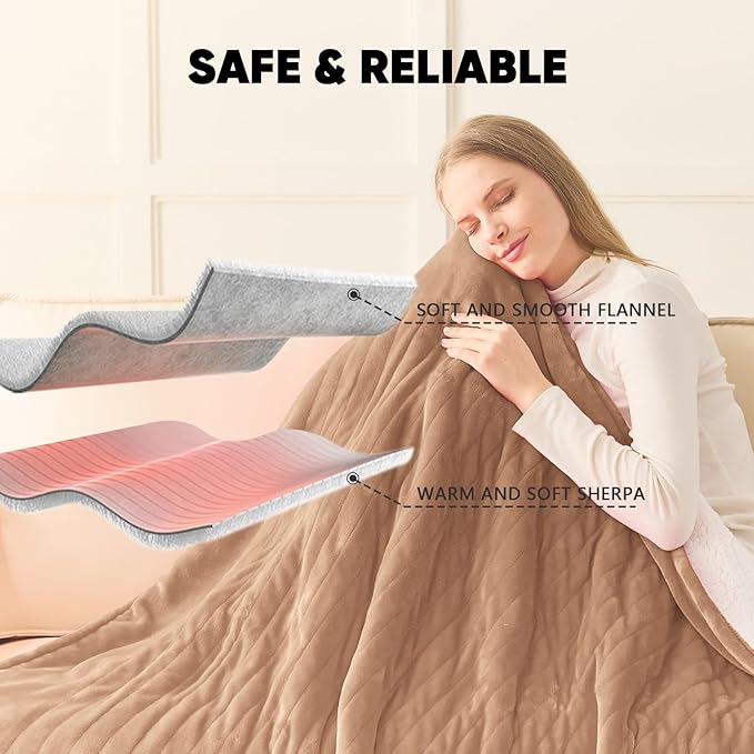 greenoak Heated Blanket Electric Throw 50"X60", Heating Blanket with 10 Heat Levels 8 Hours Auto-Off,Fleece Soft Blanket, Birthday Gifts for Grandma Seniors, Brown
