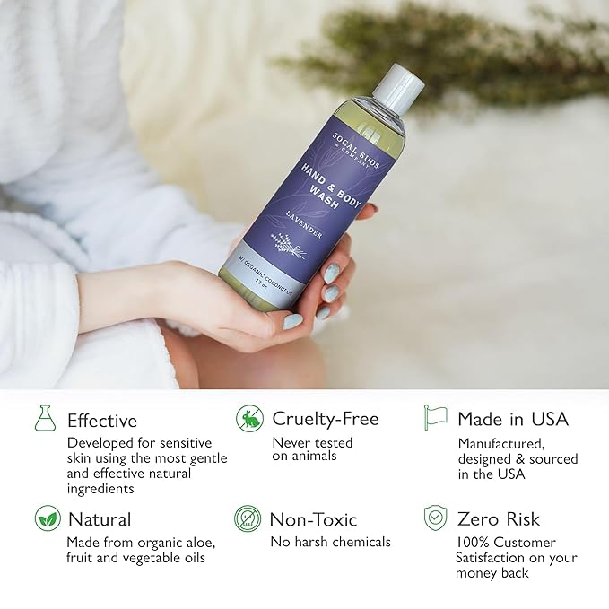 SoCal Suds & Company - 12oz Organic Soap Liquid, Gentle Hand & Body Wash, Organic Body Wash for Men and Women, Made w/Organic Oils & Coconut Oil, Bath Essentials for All Skin Types - Lavender