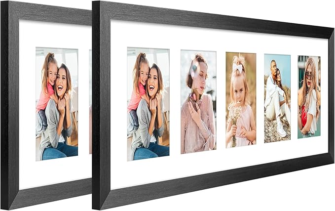 8x24 Collage frame with 5 Openings 4X6 Pictures, Multiple Picture Frame with Mat, Wall or Tabletop Decor, Black Wood Grain,2 Pack