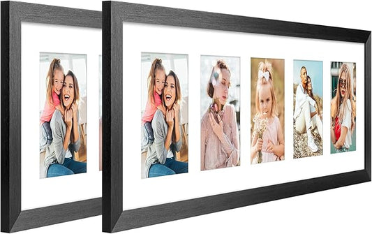 8x24 Collage frame with 5 Openings 4X6 Pictures, Multiple Picture Frame with Mat, Wall or Tabletop Decor, Black Wood Grain,2 Pack