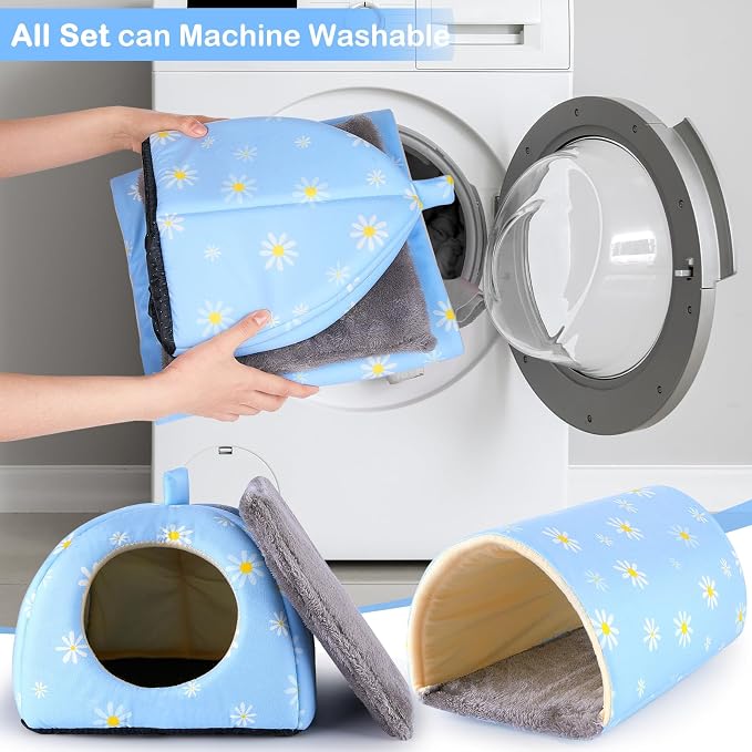 Guinea Pig Hideout, Bienbee Washable Rabbit Bed with Guinea Pig Tunnel, 2 Pack Guinea Pigs Toys Set Bunny Hideout Cage Accessories for Hamster Ferret Rabbits Bunny, Blue Daisy