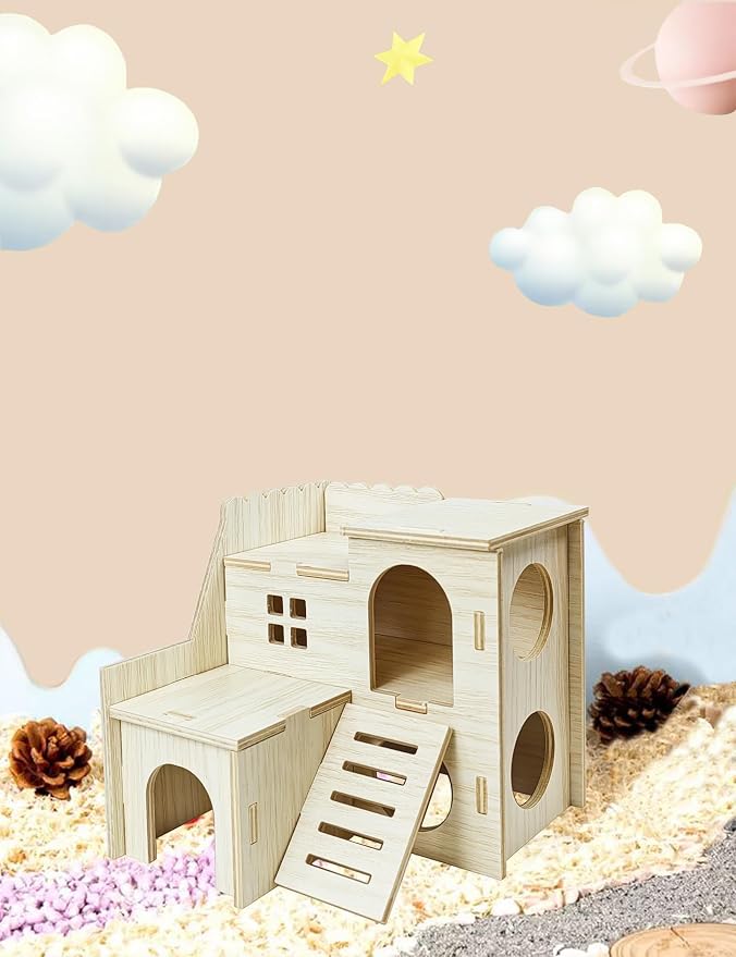 Hamster Hideout Cage Accessories - Hamster House and Habitat Wooden Hide Hut with Climbing Ladder for Dwarf Gerbils and Mouse Mice Rat Other Small Animals etc.