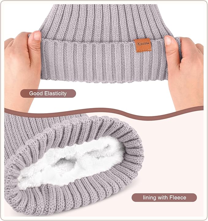 Womens Winter Beanie Hat Gloves Set,Fleece Lined Warm Knit Pom Pom Ski Hat Touchscreen Gloves Set Gifts for Cold Weather