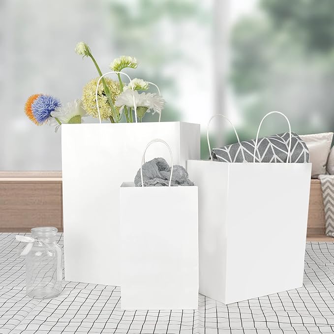 Toovip 90 Pack White Kraft Paper Bags with Handles Bulk, 3 Assorted Sizes Gift Wrap Bags for Favors Grocery Retail Party Birthday Shopping Business Goody Craft Merchandise Take Out Sacks