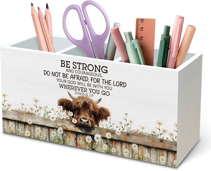 DILSJ Christian Highland Cow Pen Pencil Holder Organizer for Desk, Highland Cow Gifts for Women, Be Strong and Courageous Wooden Box Signs for Home Office Desk Decoration Office & School Supplies