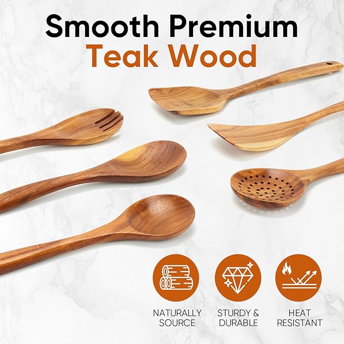 EZuncle 6 Piece Wooden Cooking Spoon Set - Ideal For Non-Stick Pans, Heat Resistant Solid Wood, Smooth Teak Cutlery For a Comfortable grip - Lightweight and Durable - Easy to Clean(6 PCS)