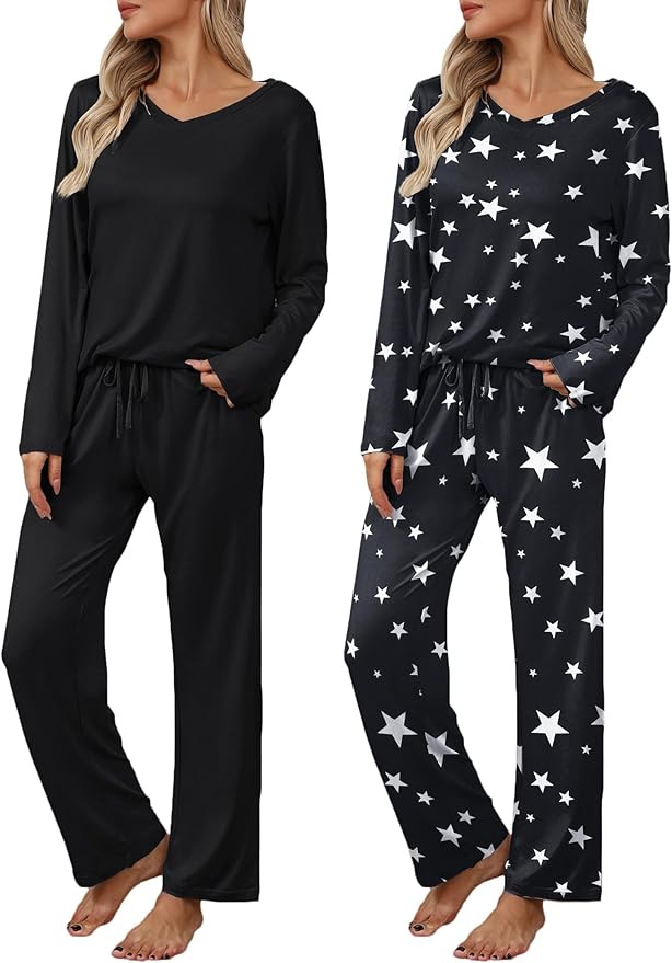Ekouaer Womens 2 Pack Pajama Set Long Sleeve Pajamas Top and Pants V Neck Pjs Set Soft Loungewear with Pockets