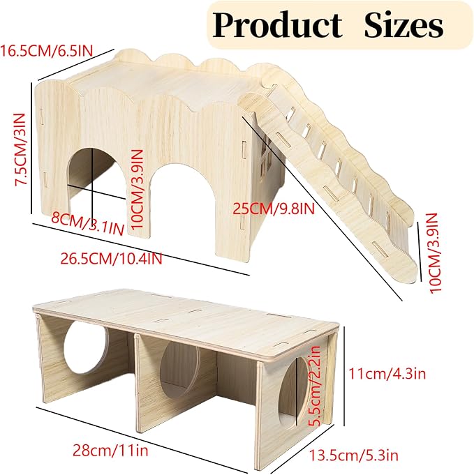 2 PCS Wooden Hamster Hideout Multi-Chamber Tunnel Hamster House Hiding Maze Platform Stuff Exploring Toy Cage Accessories for Gerbil Rat Mice