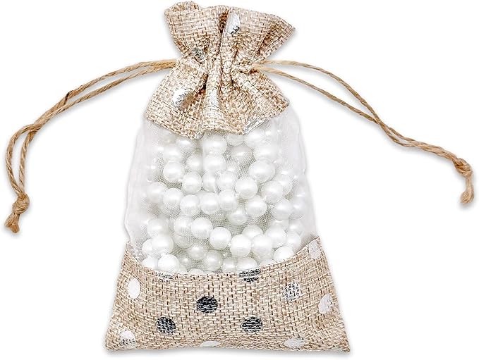 12-Pack Small Linen Burlap & Organza Gift Bags w. Drawstrings (3.5x5.5 in, Beige/Silver Polka) - Party Favors, Presents, Samples & Treats Mesh Pouch by The Display Guys