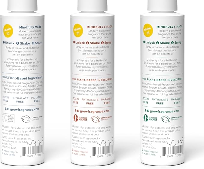 Grow Fragrance Certified Non Toxic, 100% Plant Based Fabric and Room Air Freshener Spray. Made with All Natural Essential Oils (Holiday 3 Pack - Pine Forest, Holiday Hearth, Snowscape) 3 x 5oz