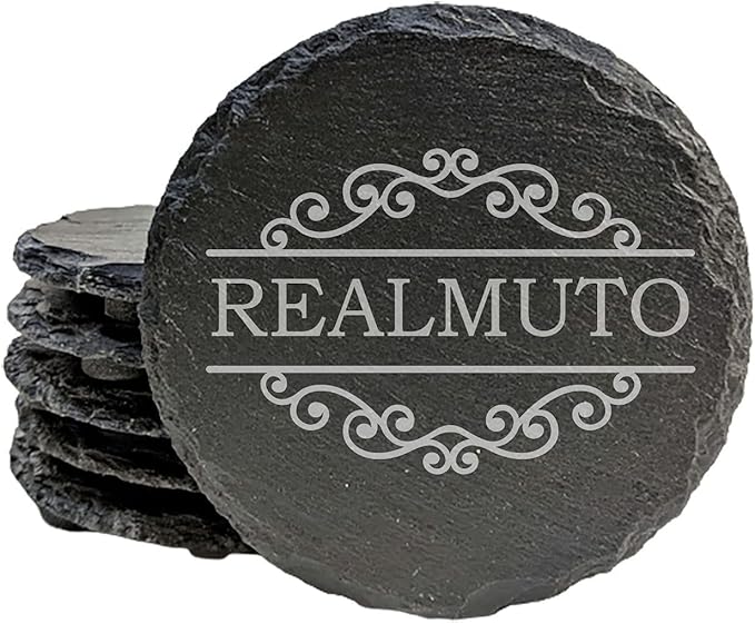 Personalized Monogram Family Coasters, Natural Stone Set, Birthday, Wedding, Customized, Rustic - Round Slate - Set of 8