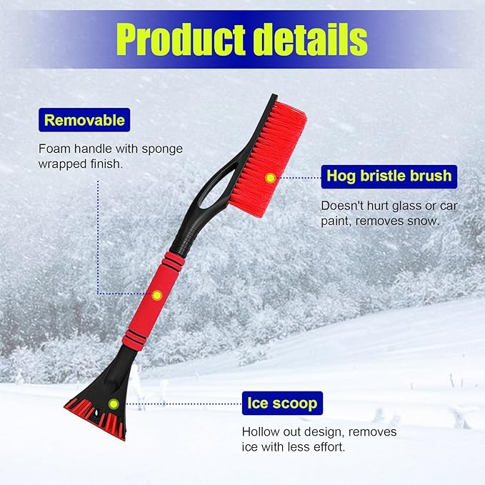 24 Inch Car Snow Scraper and Brush, Detachable Scratch Free Ice Scraper with Ergonomic Foam Grip, Universal Winter Snow Removal Tool for Car Windshield Window (Red)