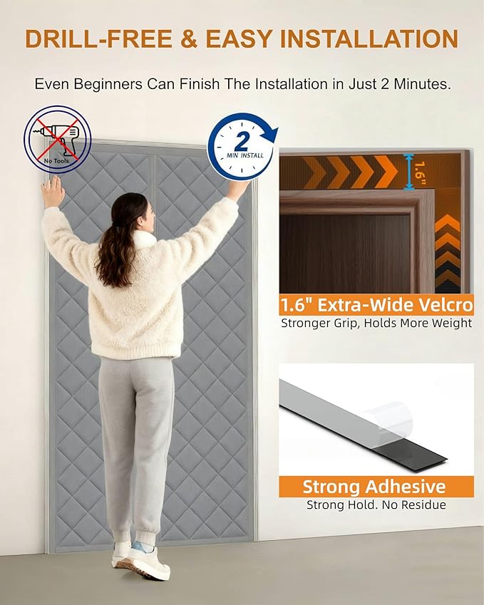 Magnetic Thermal Insulated Door Curtain 38''x82''-Fits 36''x80'' Door Opening, Cotton-Filled Weatherproof Oxford, Thermal Curtain for Winter, Keep Cold Out, Drill-Free & Easy Install, Grey